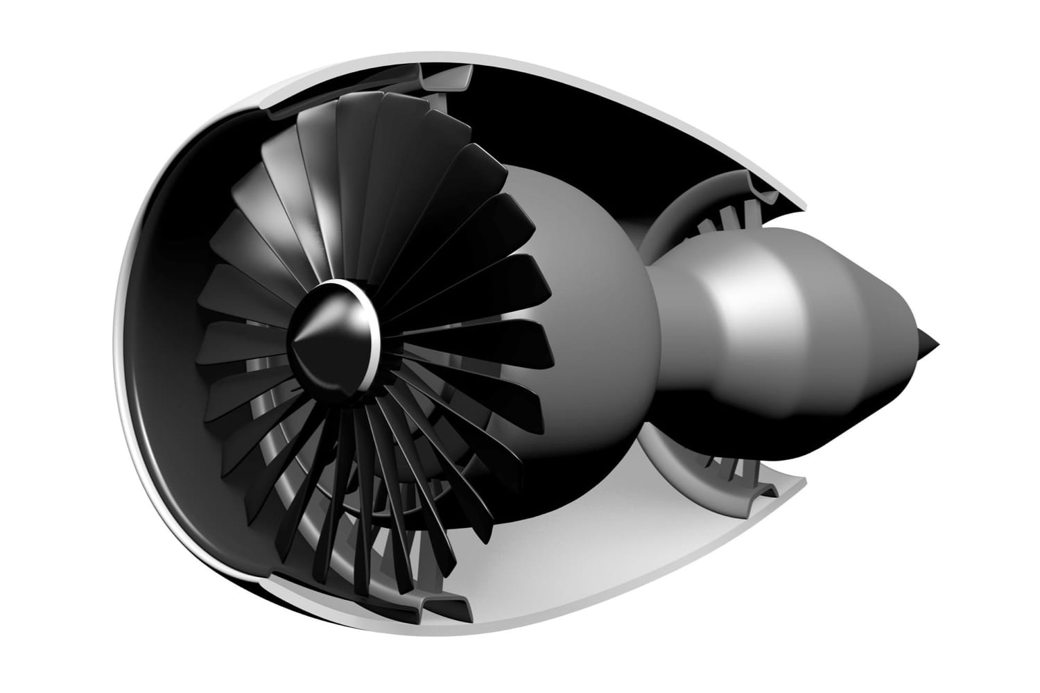A detailed 3D cross-sectional rendering of a jet engine, expertly produced by a CNC machining services provider specializing in aerospace metal parts, highlights precision-crafted internal fan blades, the central shaft, and housing—all set against a clean white background.